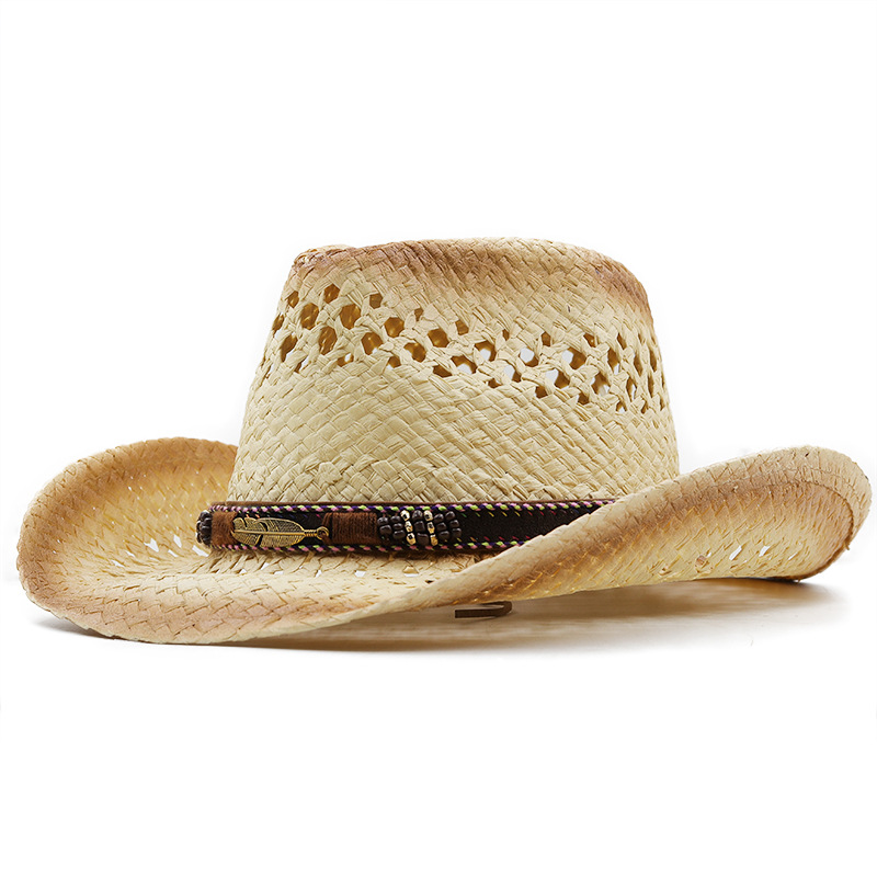 Bucket Hat Straw - パナマソフト手作りカウボーイ麦わら帽子夏男性女性中空ビーチ帽子屋外旅行日焼け防止帽子
