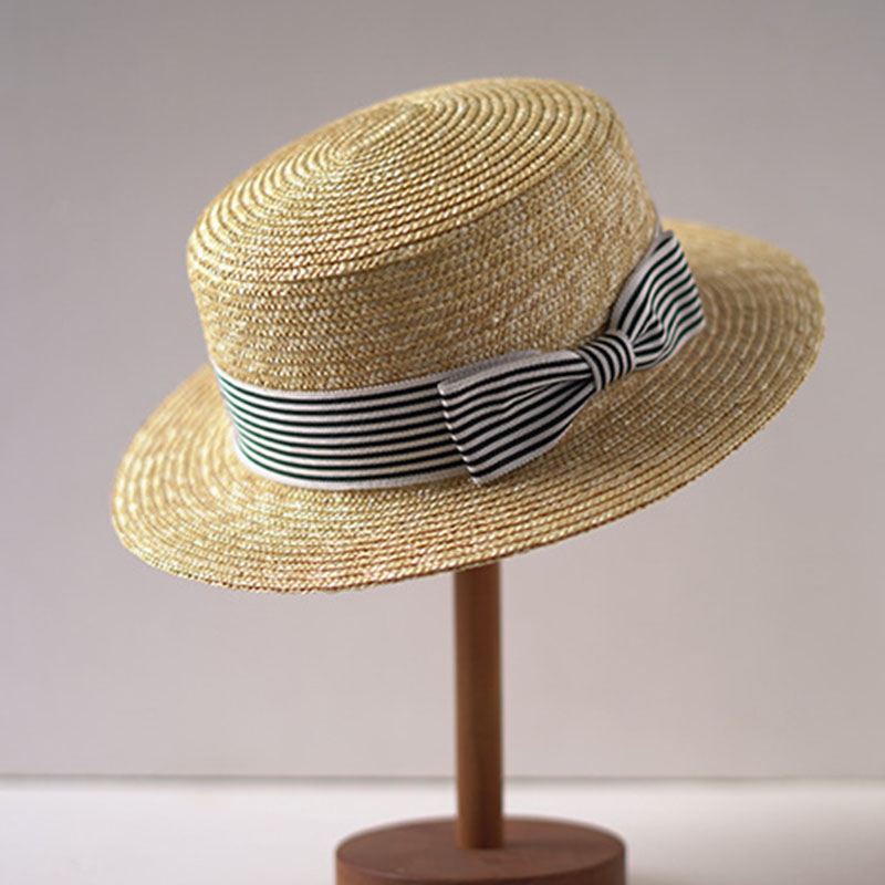 Bucket Hat Straw - つばの広い自由奔放に生きる帽子,フラットトップ,ストライプリボン付き,女性用帽子,ステージパフォーマンス,ビーチパーティー,夏