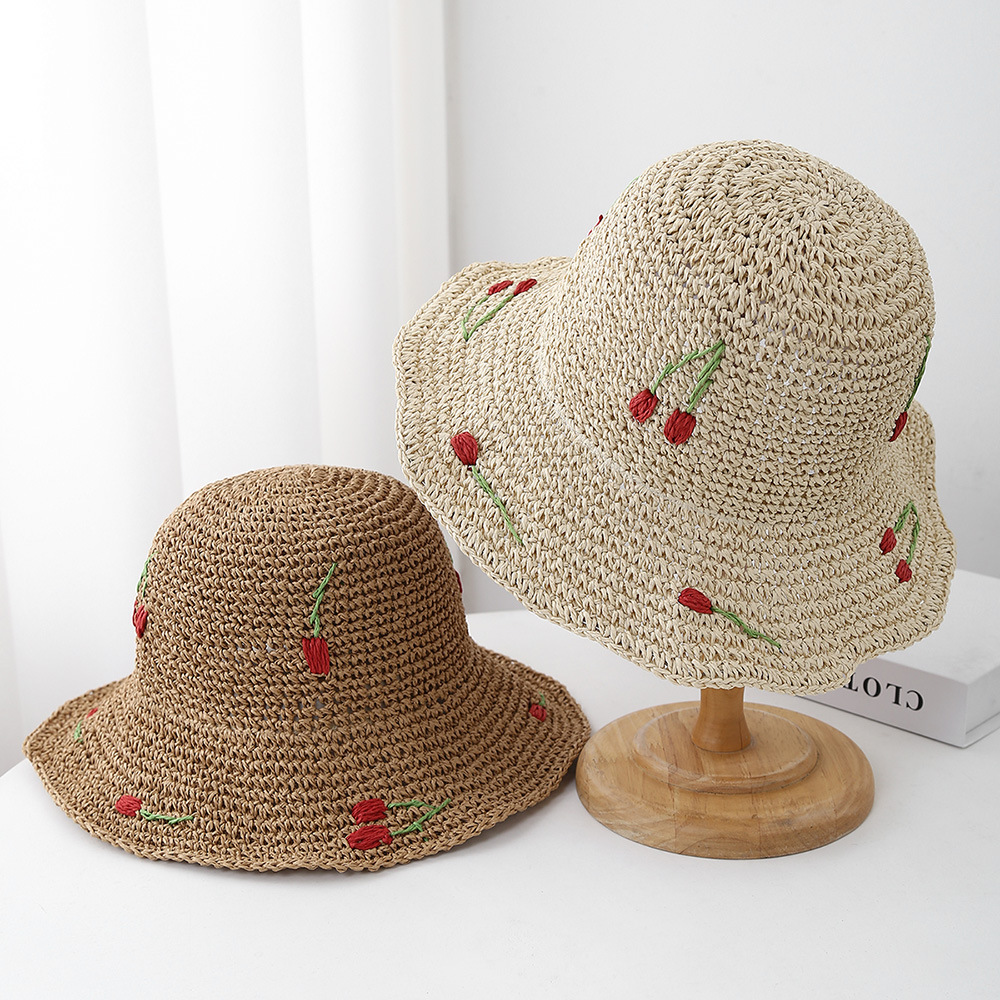 夏の帽子女性のための太陽の帽子桜の装飾バケットハット海辺の休 - Bucket Hat Straw のレビューと価格